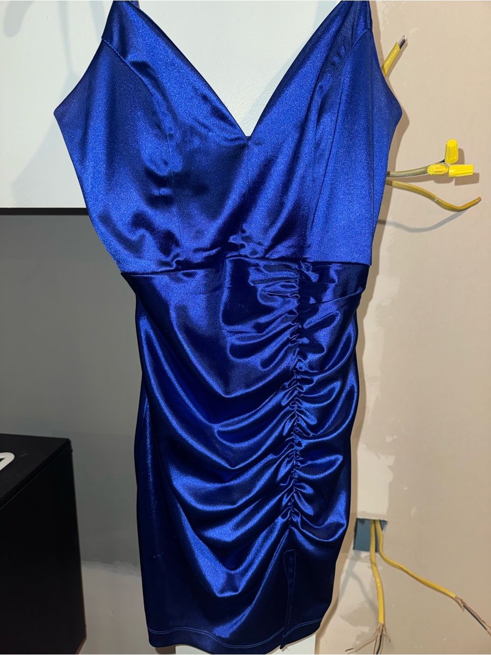 Honey and Rosie Royal Blue Satin Ruched V-Neck Mini Dress